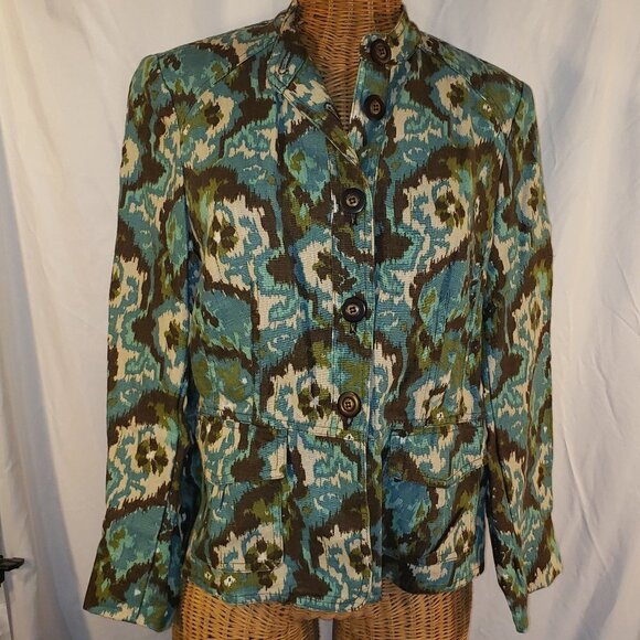 Charter Club Jackets & Blazers - Charter Club Women's Blue Green Floral Linen Blend 3/4 Sleeve Shirt Jacket - M